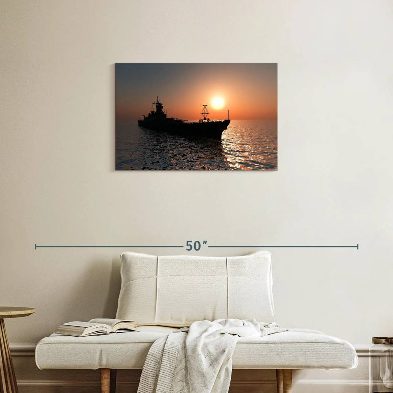 Navire Mait au coucher du soleil, H 20 po x l 30 po