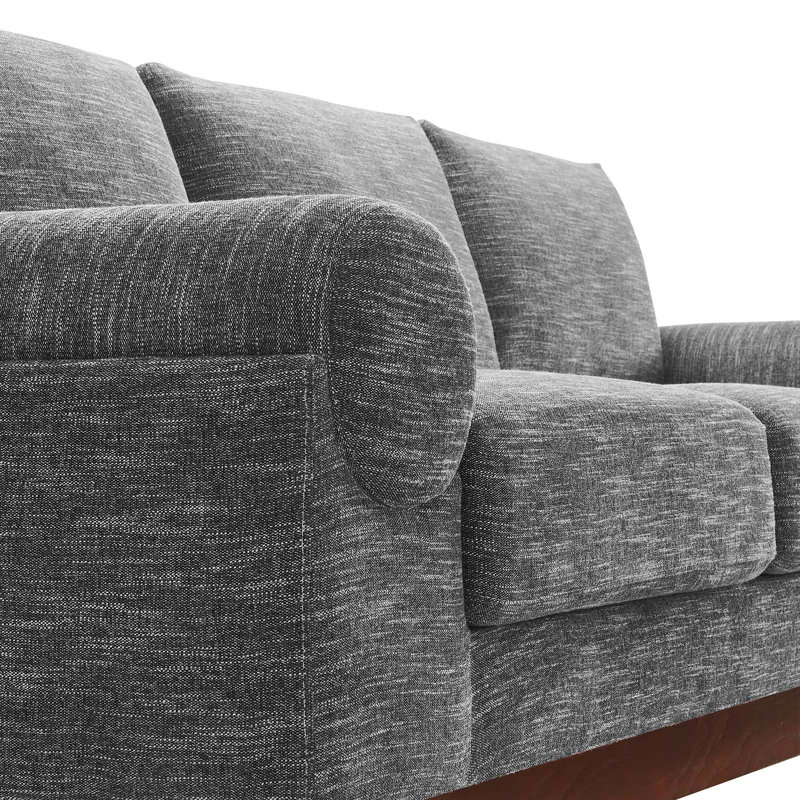 Gray Faux Leather Modern Sofa with Brown Wood Base