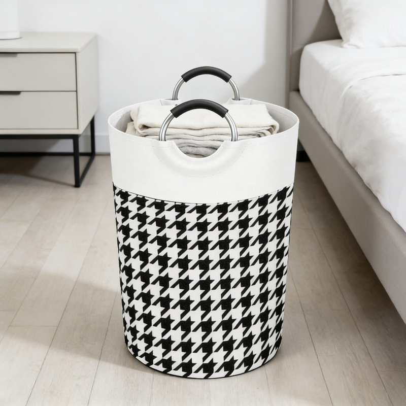 Houndstooth Pattern Large Capacity Storage Bin With Aluminum Handles, Foldable Fabric Laundry Hamper For Home, Office, Dorm - Multi-Purpose Organizer (115L)