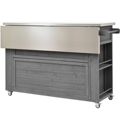 Îlot de cuisine extérieur gris avec matériaux - bois de sapin, acier inoxydable, grand rangement, porte-serviettes, ouvre-bouteille à épices, roues de mobilité verrouillables en bois massif et surface de travail pliable, espaces de rangement,