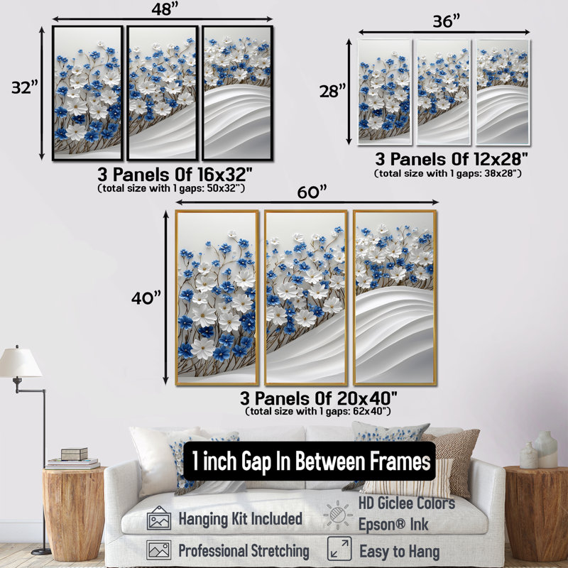 Ensemble de décorations murales fleurs de campagne II, Toile encadrée flottée blanche, H 32 po x l 48 po x P 1 po