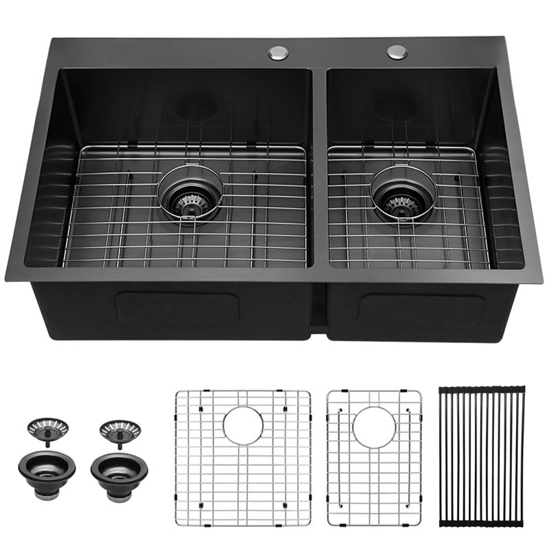 Évier de cuisine à double cuve en acier inoxydable avec grille d'évier et crépine L 33 po x l 22 po