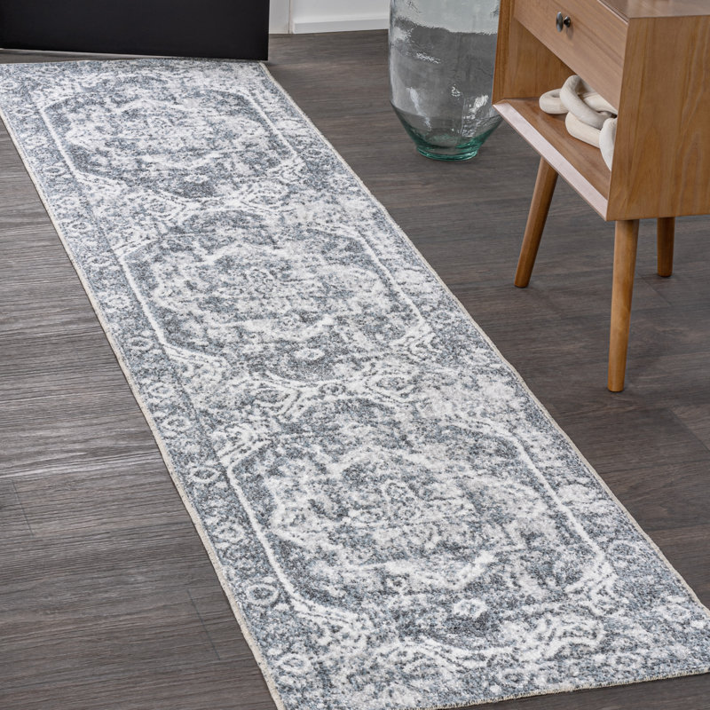Mahinudin Bold Distressed Medallion Low-Pile Machine-Washable Cream/Blue Rug, Runner 2' x 7'10"