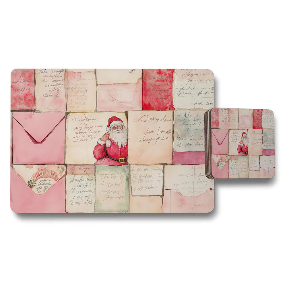 Christmas Santa Placemat And Coaster Set Pink Mosaic Design
