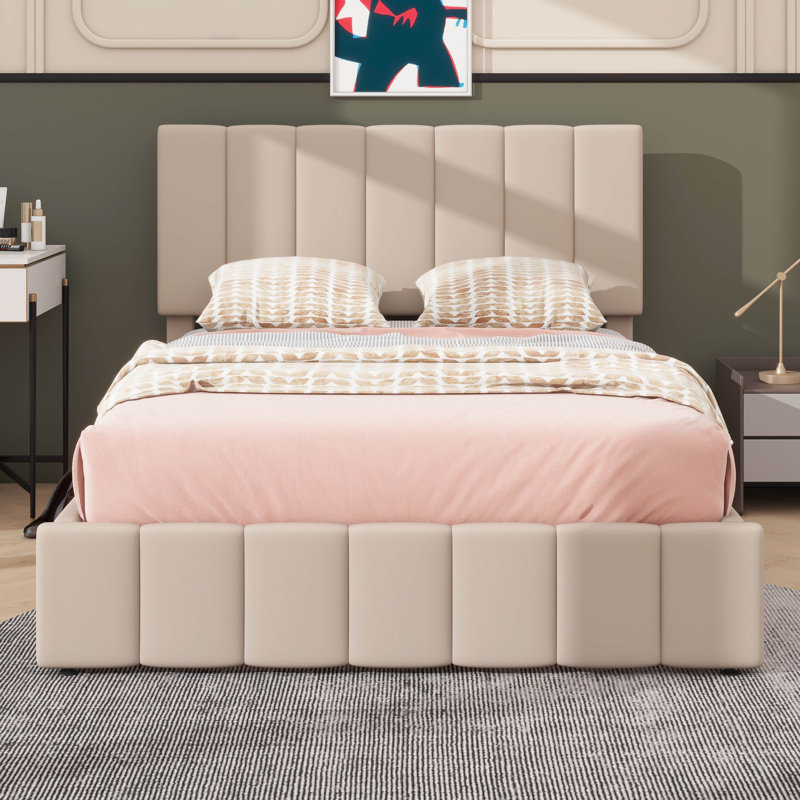 Lit plateforme tapissier avec mécanisme de rangement hydraulique, Beige, Double