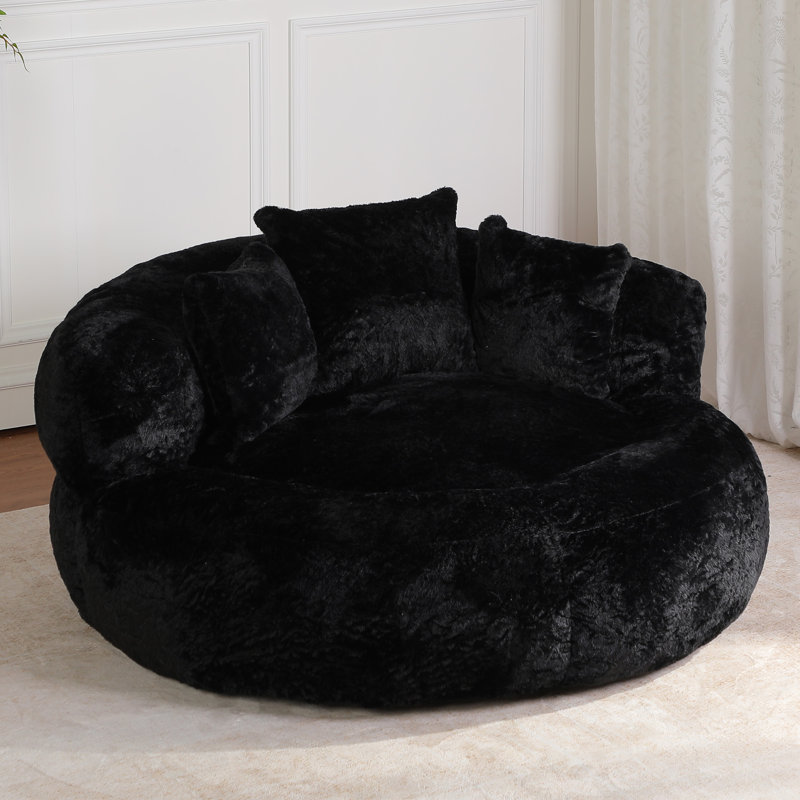 55" W Giant Adult Round Faux Fur Compression  Foam Filled Bean Bag Sofa With 3 Back Pillows,No Assembly, Black Faux Leather