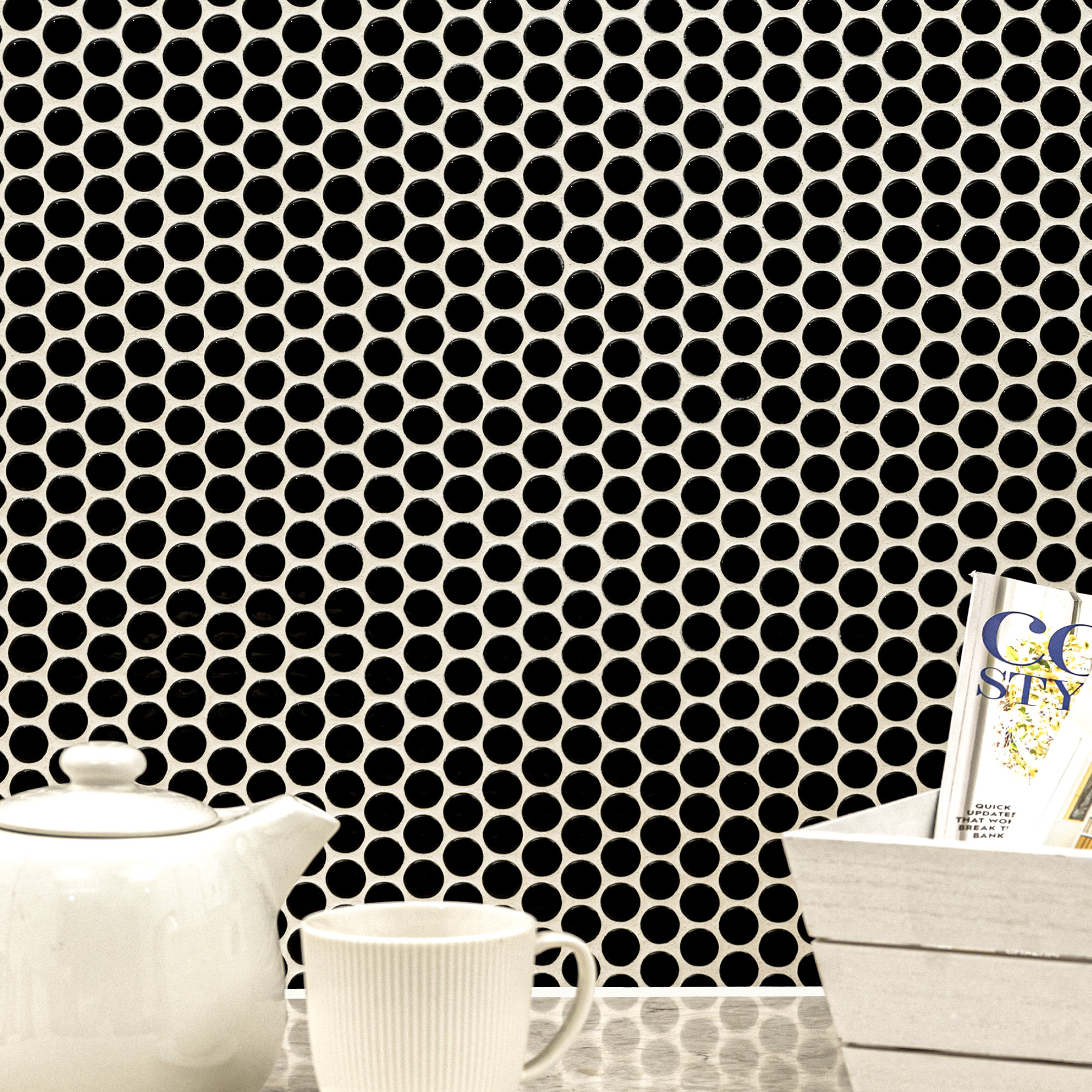 Penny Round 12 in. x 13 in. Porcelain Mosaic Floor and Wall Tile, Glossy Nivora Caviar