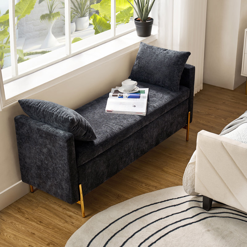 Louvenia 127cm Upholstered Flip Top Bench With Subdivided Storage and Toss Pillows, Black