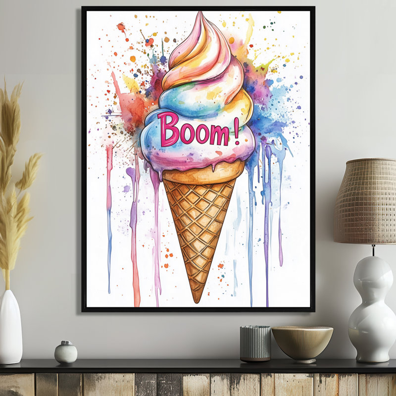 Glace pop art, décoration murale de style comique, bougie de crème glacée!, H 20 po x l 12 po, Cadre flottant noir