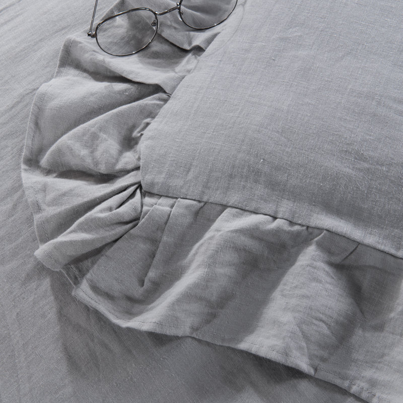 Gray Full/Queen Stone Washed Linen Ruffled Duvet Cover Set