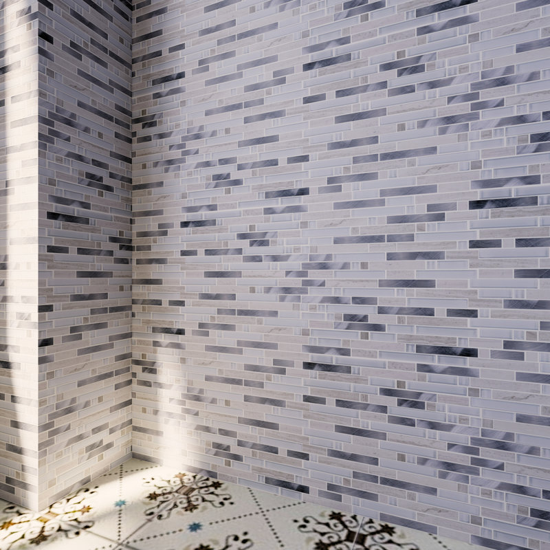 Carrelage mosaïque emboîtable en verre brillant 11,82 po x 12,01 po Sliver Brick, Blanc / beige / argent