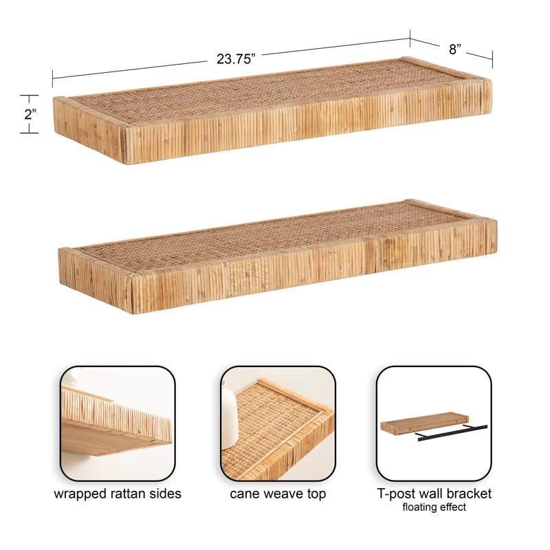 Natural Rattan Floating Shelves Set for Coastal Decor