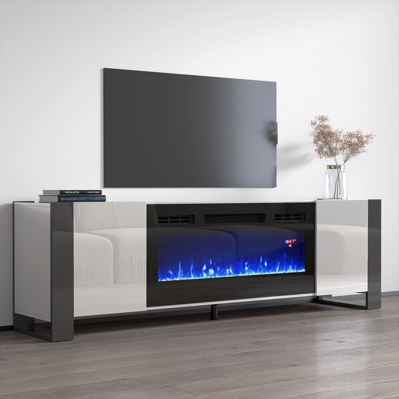 Rickeisha 77.2" Modern TV Stand with Electric Fireplace, High Gloss Finish, Media Storage, White/Gray