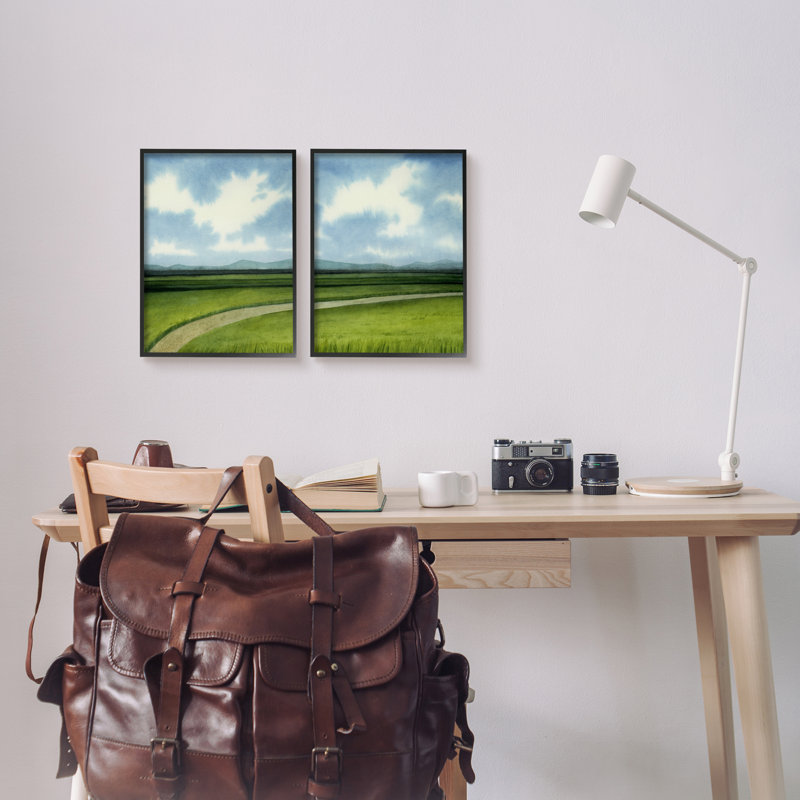 «Country Cloudy Countryside Green Fields Design» par Grace Popp - ensemble de 2 peintures, Giclée encadrée noir minuit