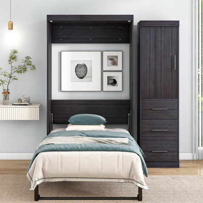 Lit de rangement simple gris avec armoire pliable, garde-robe, trois grands tiroirs pliés et 3 po