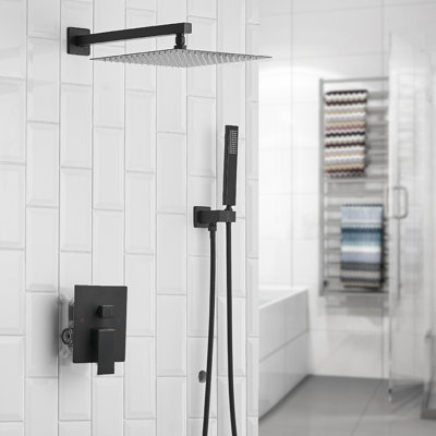 VIBRANTBATH Système de robinet de douche encastré à double tête noir mat 12 po avec inverseur bidirectionnel Abyssal Hush (soupape à pression équilibrée incluse)