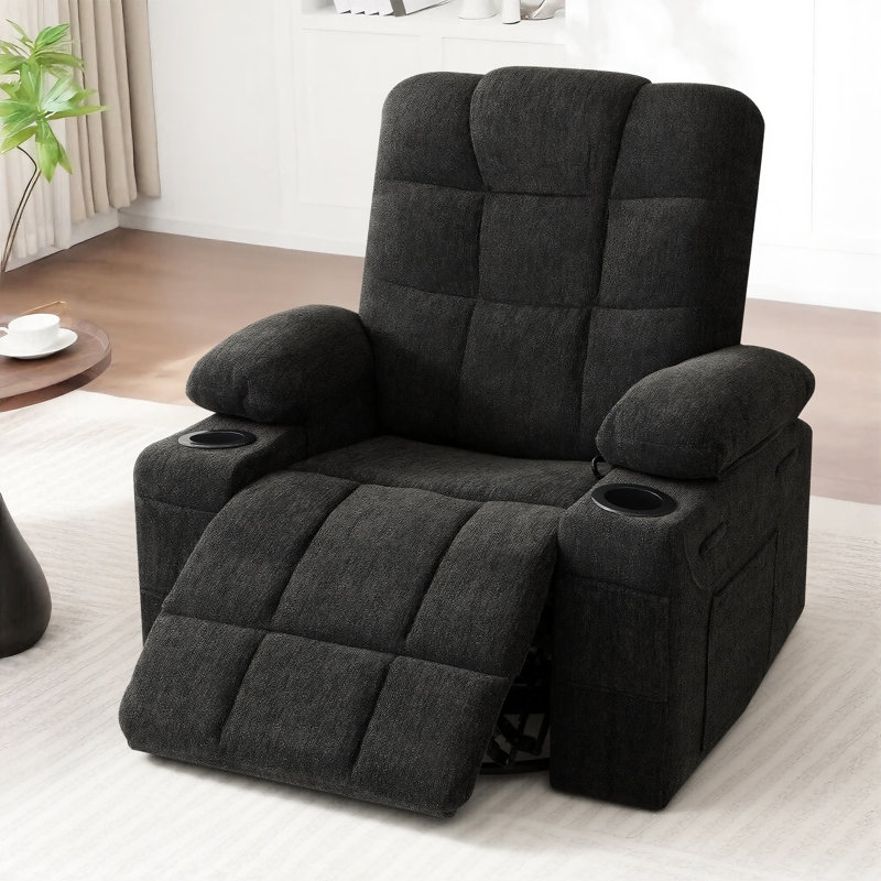 Fauteuil inclinable 37,1 W avec massage et chaleur, canapé inclinable simple surdimensionné en chenille avec porte-gobelets et rangement latéral pour la chambre à coucher du salon