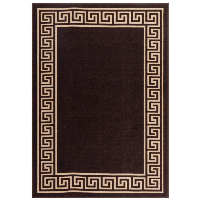Greek-Key Brown Beige Non-Slip Polypropylene Area Rug — Washable Door Mat & Hallway Runner for Living Room, Kitchen & Bedroom