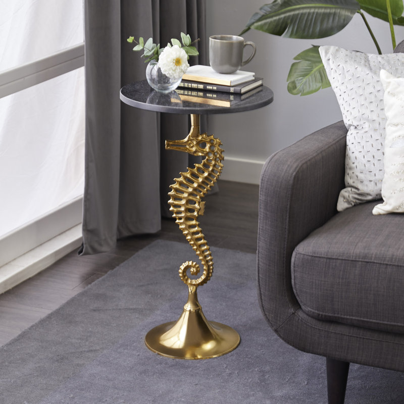 Hornblow Aluminum Metal Sea Horse Side End Gold Accent Table with Black Marble Table Top, 28" H x 16" W