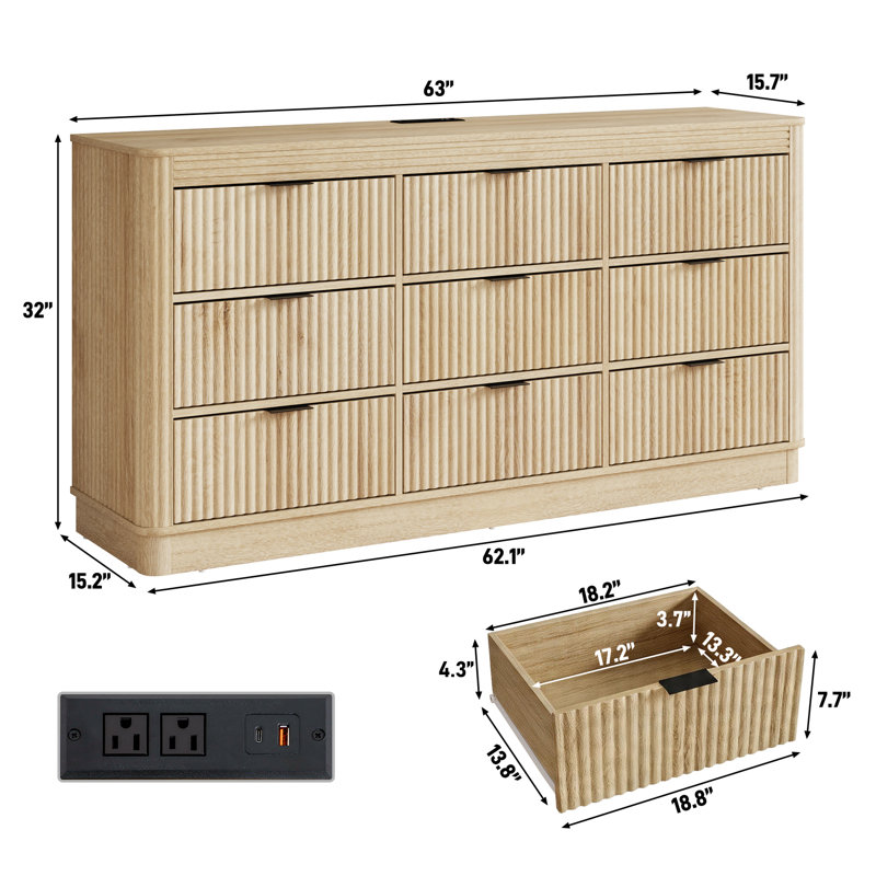 Fluted 9 Drawers Dresser For Bedroom, 63'' W Chest Of Drawers With Power Outlet & Metal Handle, Fluted Fronts, Modern Dresser TV Stand, Wood Clothes Storage Organizer For Living Room, Hallway