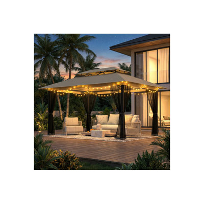 Gazebo 13 x 10 pi, tonnelle d'extérieur avec moustiquaire, double toit, structure métallique, auvent pour terrasse couverte, tonnelle robuste pour jardin, terrasse et pelouse, kaki