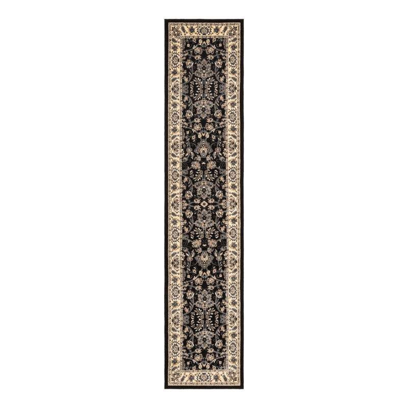 Tapis noir à motif floral Hanan, Black, Tapis de couloir 2 pi 7 po x 12 pi