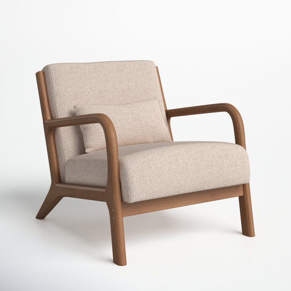 Ethan Coastal Beach Brown Hardwood Cane Sides Beige Upholstered Arm Chair