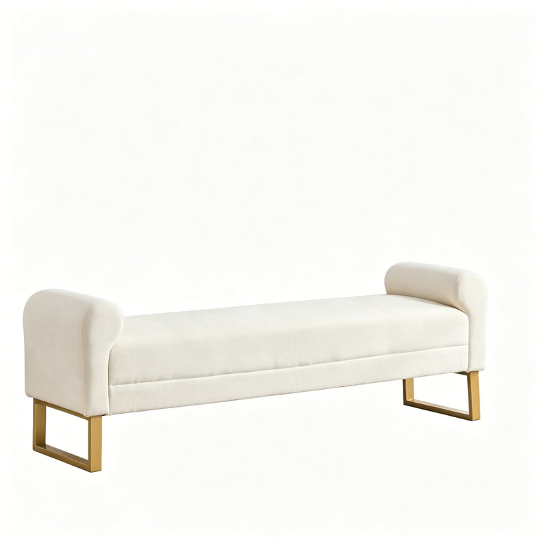 Banc en chenille avec pieds et accoudoirs en métal, Beige