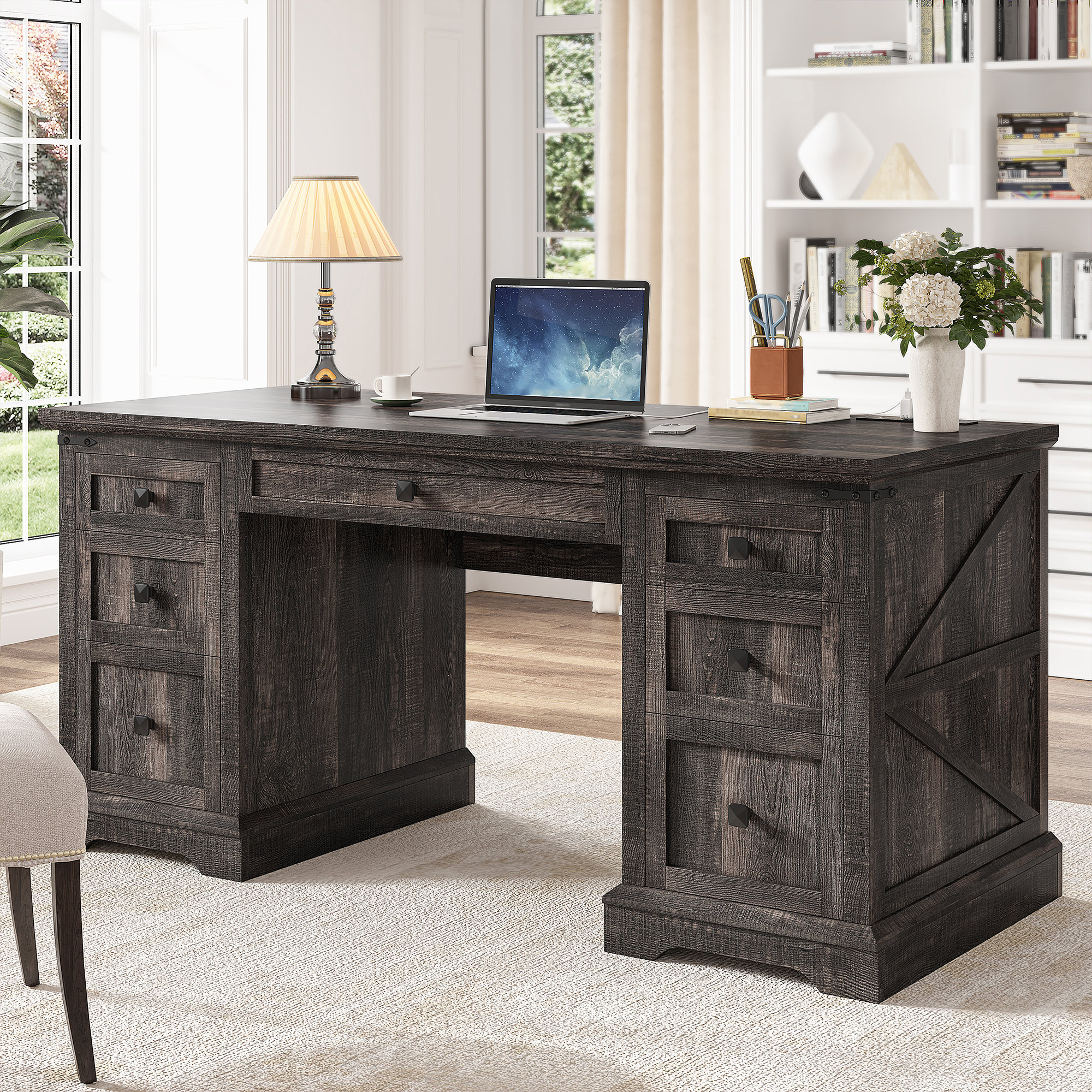 August Grove 55'' W Computer Desk With Outlet, Farmhouse Executive Desk ...