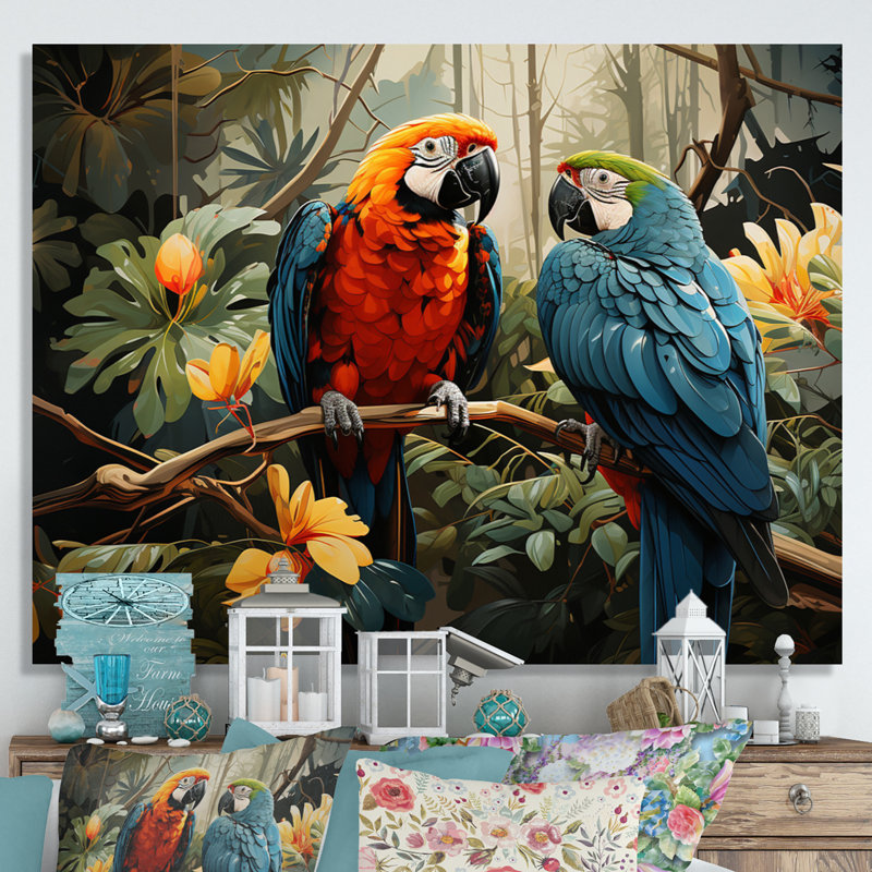 «Tropical Parrot Plumage I», art mural grand perroquet, H 16 po x l 32 po x P 1 po, Toile tendue