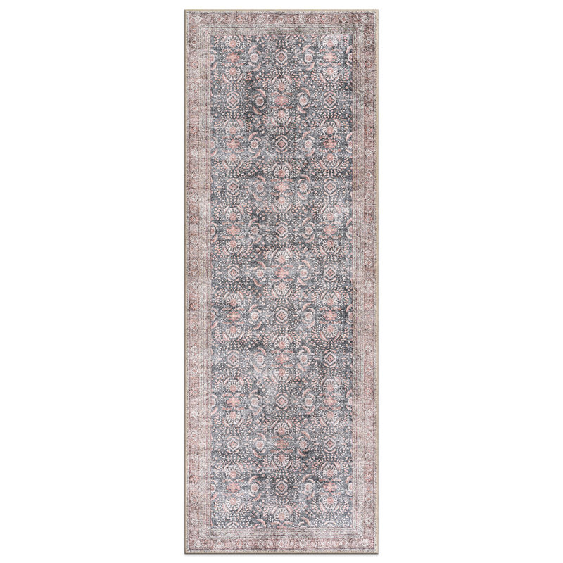 Labarbera Machine Washable Charcoal/Red Non-Slip Backing Area Rug, Runner 2'6" x 7'