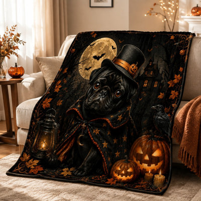Couverture d'Halloween avec motif carlin, chauve-souris, lune, lanterne et citrouille, jeté de lit en molleton doux pour canapé, chambre, salon et décoration intérieure