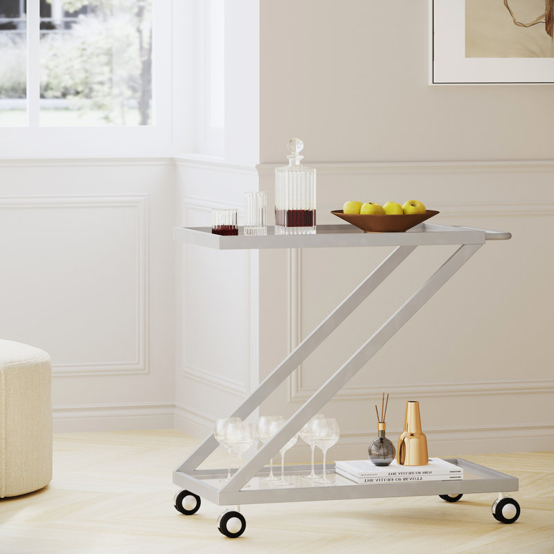 Chariot de bar argenté contemporain avec verre translucide et cadre en métal, élégant chariot à roulettes en fer trempé, 35,73 po l x 34,71 po h,