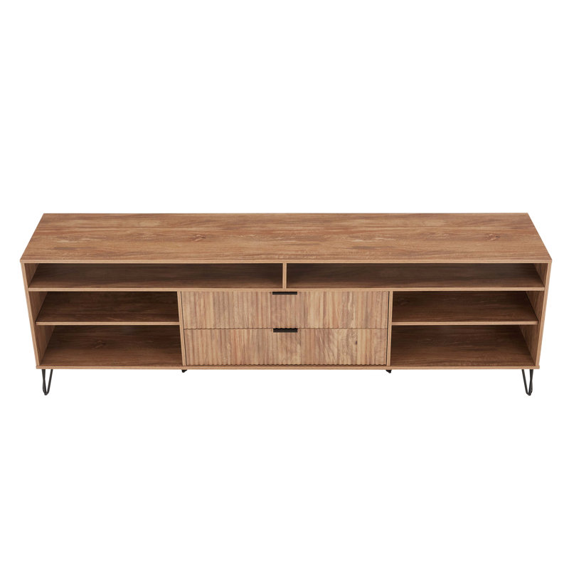 DUMBO 85" Mid-Century Modern TV Stand with 6 Shelves and 2 Drawers, Golden Brown