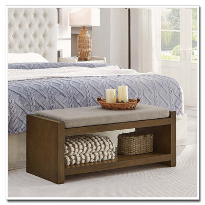 Wood Frame Storage Bench with Removable Cushion, Lower Shelf