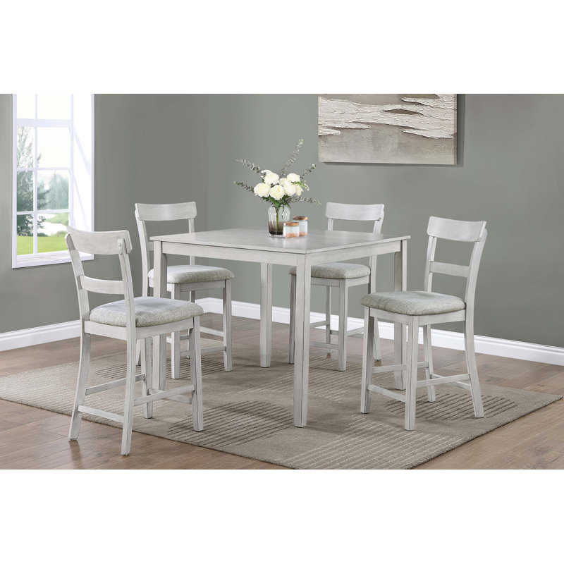 Rustic Farmhouse Transitional 5-Piece Counter Height Dining Set Square Table Linen Look Fabric Upholstered Chair Seat Wooden