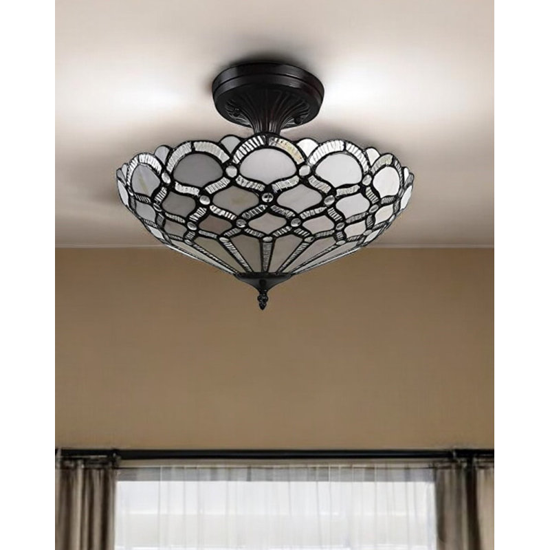 Plafonnier semi-encastré noir et gris à deux lumières de style Tiffany