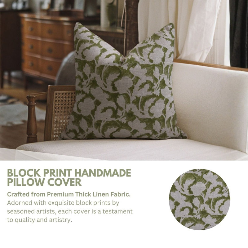 Block Print Throw Pillow Cover, 30 Inch Thick Linen Decorative Cushion Cover, 24" x 24", White/Green