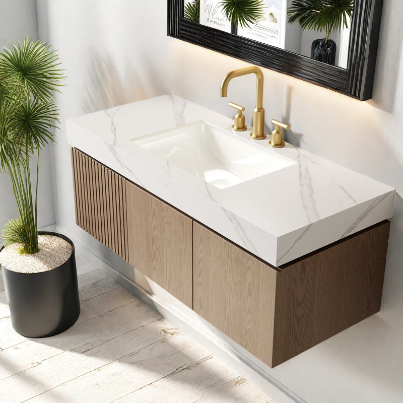 Meuble-lavabo moderne 48 po avec lavabo et rangement, blanc et bois de Carrare, Essential