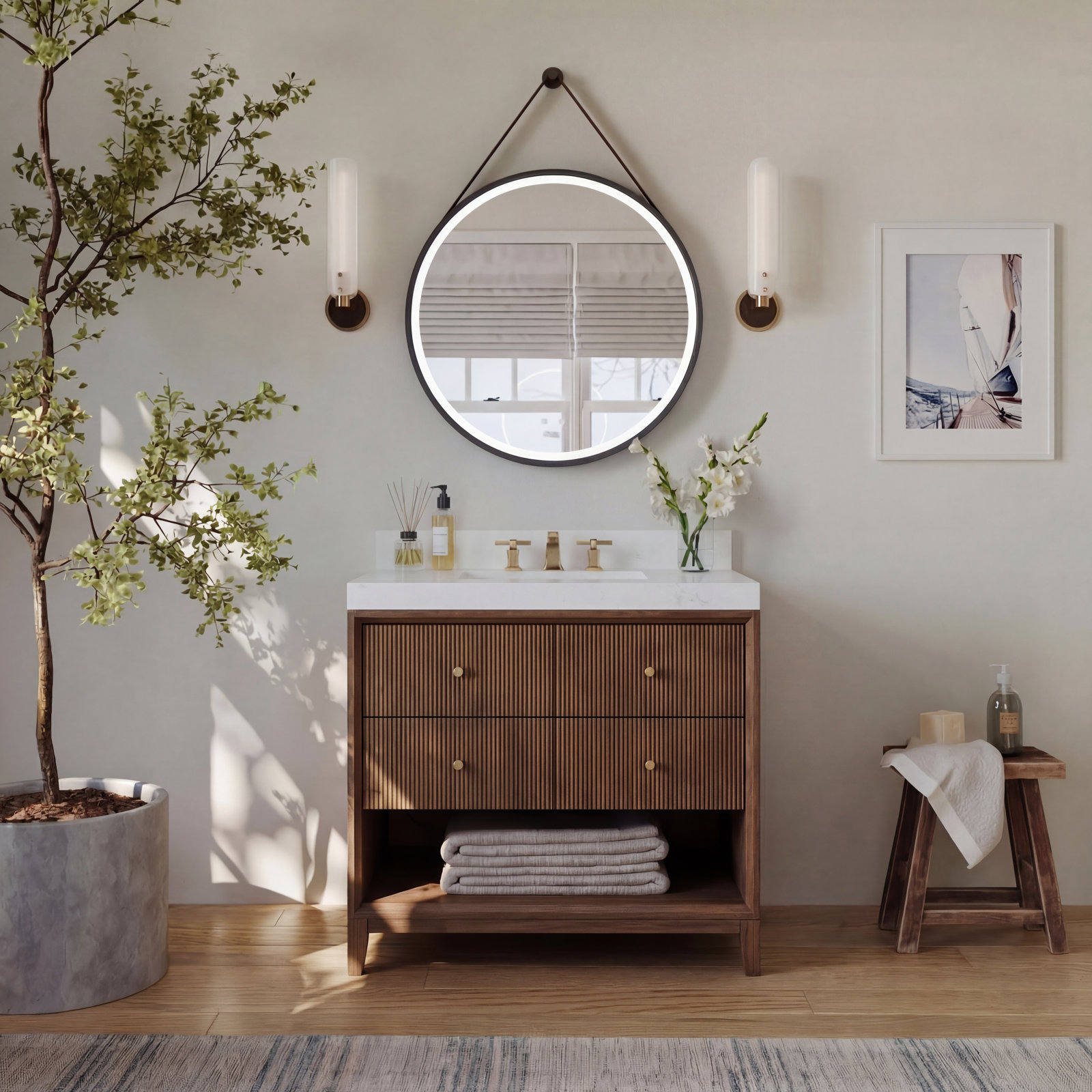 Momo Bath Vanity Set With White Quartz Vanity Top And White Undermount Basin, 48", Chestnut Oak