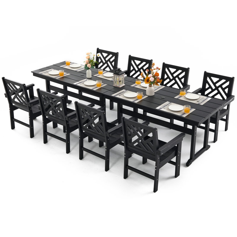 Ensemble de salle à manger de patio Hdpe toutes saisons avec trou pour parasol, 8