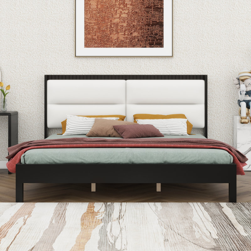 Cadre de lit plateforme en bois avec tête de lit tapissier en velours, cadre de lit moderne Mid-Century, Très grand lit