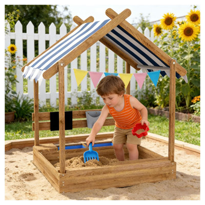 House Design Wooden Kid Sandbox with Weather-Resistant Canopy in Blue, Brown, and White