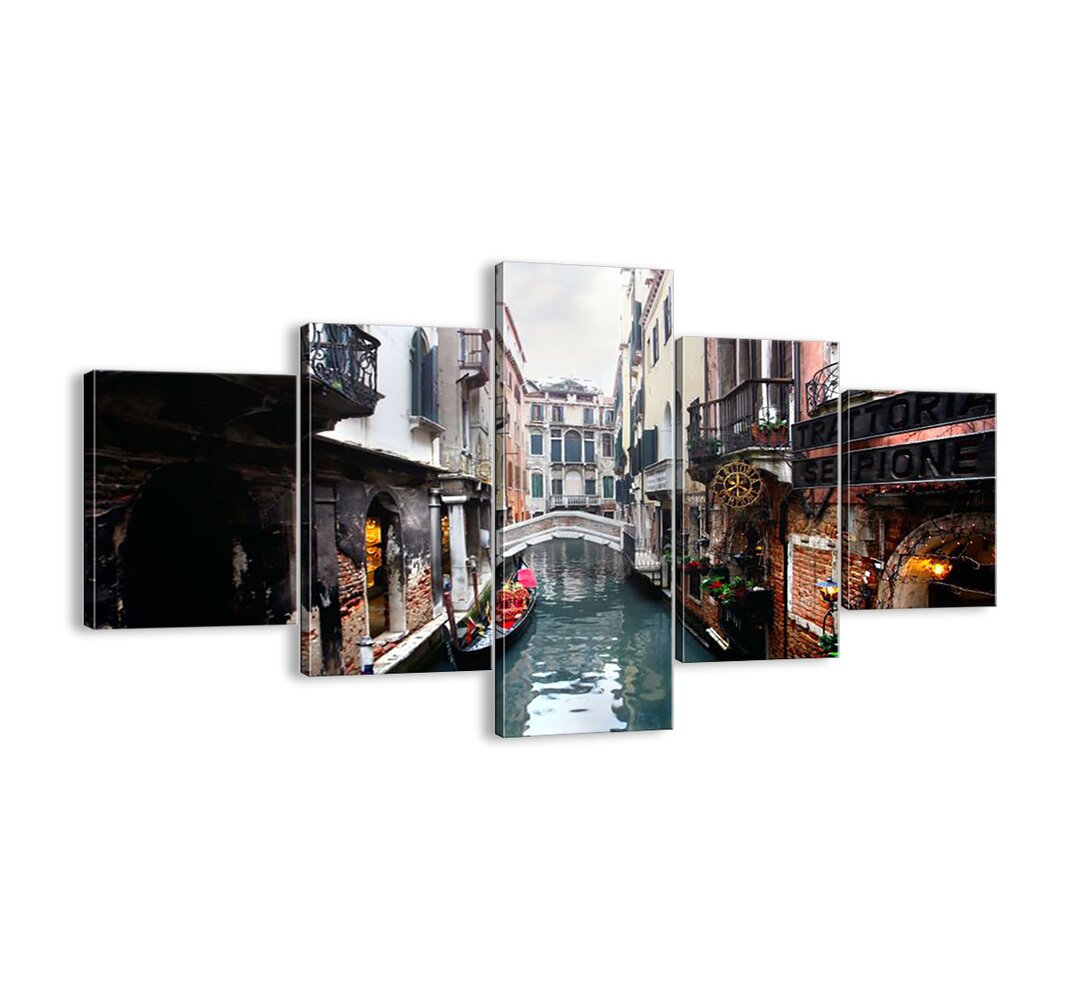 5-tlg. Leinwandbilder-Set - Fotografie „Venetian Landscape with a Gondola and a Bridge”