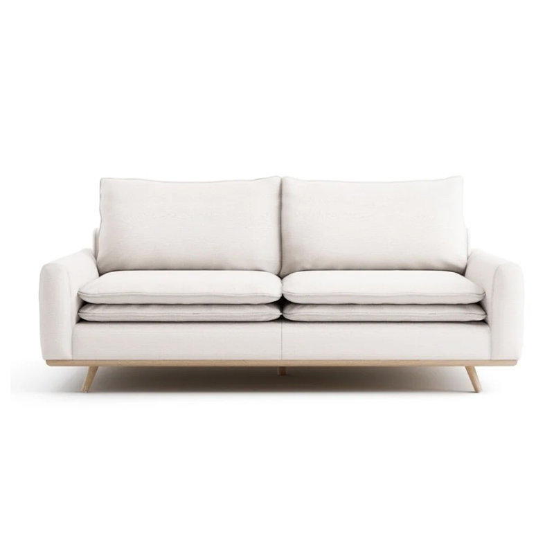 Canapé Yaana avec coussins en mélange de plumes, bois, 83 po, Brun chêne, Blanc