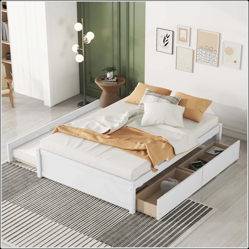 Lit double confortable avec lit gigogne simple et tiroirs doubles pour une fonctionnalité accrue, Blanc
