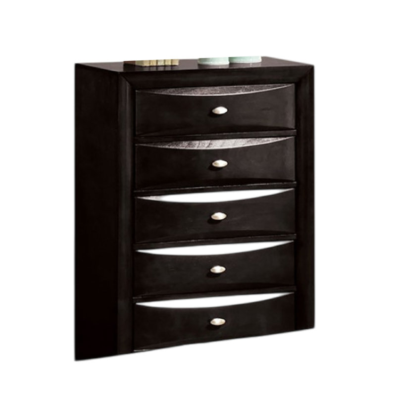 Commode haute Simo, 5 tiroirs, poignées chromées, bois moderne, Noir