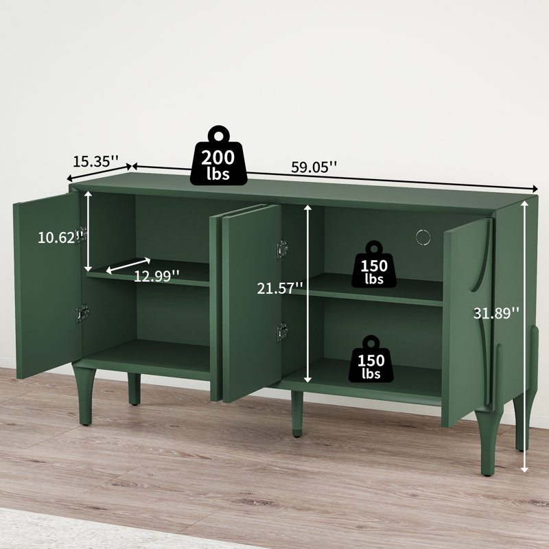 59" Storage Sideboard Cabinet, Mid-Century Modern Buffet with Adjustable Shelves and Solid Wood Legs for Dining Room or Living Room ，Green
