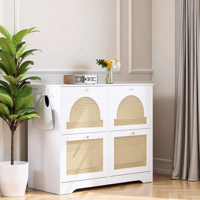 Mid-Century White Shoe Cabinet with Rattan Doors – Ventilated 4-Drawer Entryway Organizer, White