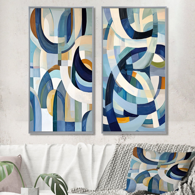 «Cubist White Blue Reality I», art mural sur toile géométrique, abstrait moderne 2 pièces, H 32 po x l 32 po